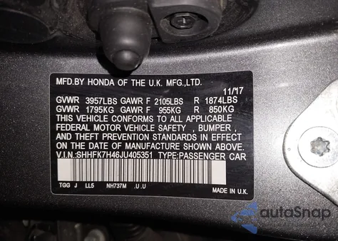 2018 Honda Civic Sport from USA, damaged, VIN SHHFK7H46JU405351